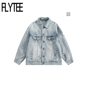 FLYTEE2024春季新款美式复古翻领破洞浅蓝色牛仔外套男女宽松夹克