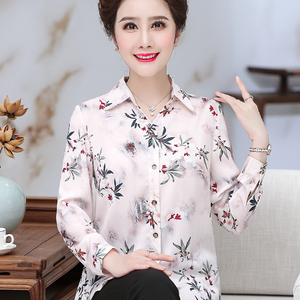 妈妈春夏装真丝长袖衬衫中年女桑蚕丝上衣服中老年人奶奶夏天衬衣
