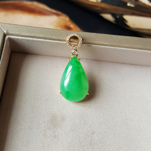 汉桑原创水滴翡翠吊坠18k金钻石镶嵌缅甸天然冰种阳绿水滴玉吊坠