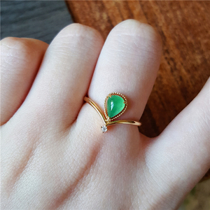 【现货】缅甸正品纯天然翡翠冰阳绿水滴镶嵌18k金翡翠戒指指环女