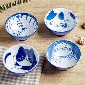 日式餐具陶瓷家用釉下彩面碗卡通招财萌猫碗平盘日本进口米饭碗