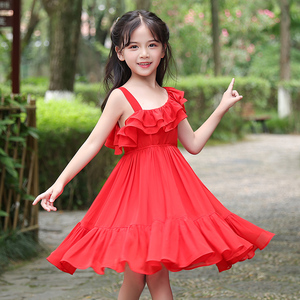 女童夏装连衣裙2024新款洋气小女孩红色木耳裙夏季儿童吊带公主裙