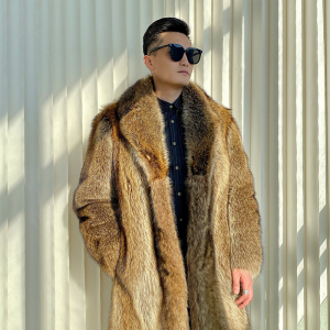 21进口美洲貉皮毛一体浣熊风格中长款时尚系扣商务皮草大衣男外套