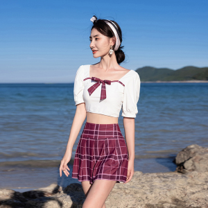 日韩学生制服jk分体裙式泳衣女小胸聚拢新款甜美蝴蝶结水手学院风