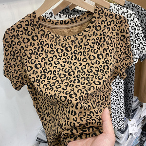 欧货复古豹纹印花短袖t恤女2022年夏装螺纹圆领卡腰小衫短款洋气