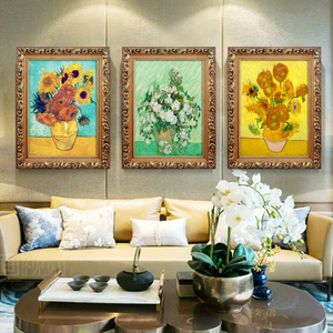 美式油画梵高客厅装饰画餐厅玄关沙发背景墙壁三联画竖版过道挂画