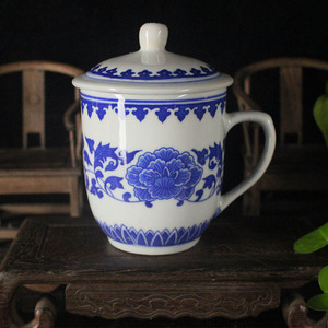 景德镇陶瓷茶杯带盖杯子带把有耳老式青花