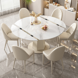 轻奢岩板奶油风餐桌椅组合白色家用现代简约小户型客厅旋转吃饭桌