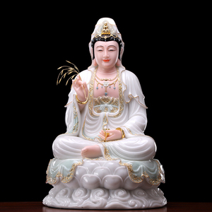 汉白玉观音菩萨家用坐莲观音佛像供奉娑婆三圣观世音佛像坐像摆件