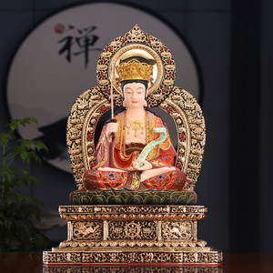 台湾盛凡纯铜彩绘文殊菩萨普贤菩萨铜佛像供奉金刚座华严三圣摆件