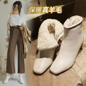 真羊毛白色短靴女高级感粗跟方头洋气法式高跟女鞋秋冬款加绒靴子