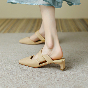 羊皮包头半拖鞋女夏款凉拖中跟粗跟小众扭结裸色法式高级感凉鞋