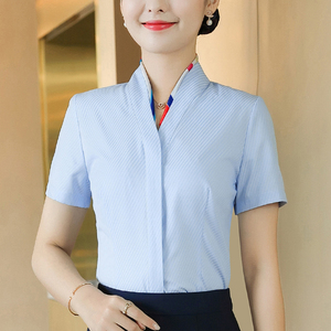 职业衬衫女短袖0607气质立领上衣空姐酒店前台会议接待工作服衬衣