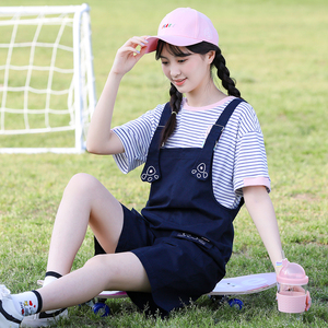 初中学生背带裤套装短裤子少女大童夏季薄款高中女生夏装宽松可爱