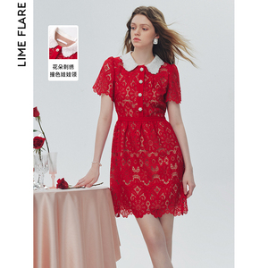 莱茵福莱尔中国红花边立体镂空刺绣连衣裙2024春季新款高级感裙子
