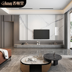 悬空岩板大板电视背景墙现代轻奢木格栅装饰隐形门大理石材影视墙