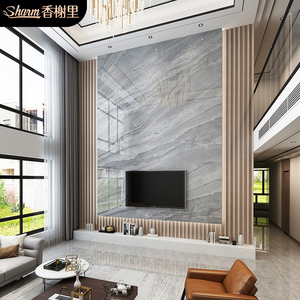 复式楼挑高岩板电视背景墙瓷砖楼中楼别墅挑空中空大理石材影视墙