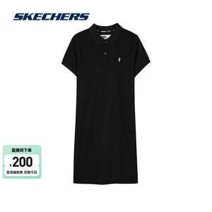 Skechers斯凯奇2024春季新品女士短袖运动连衣裙舒适宽松针织碳黑