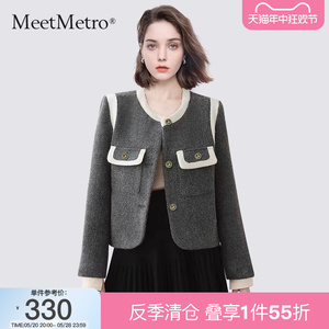 MeetMetro玛依尔2023冬复古小香风撞色圆领短外套女装小个子夹克