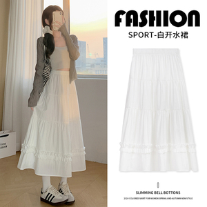 白色裙子2024新款夏季高腰a字显瘦蓬蓬蕾丝边蛋糕裙小个子半身裙