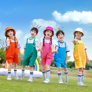 儿童六一啦啦服背带裤糖果色短袖幼儿园毕业班服男女童舞蹈演出服