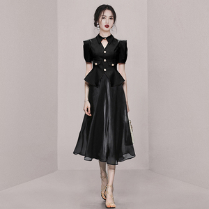 半身纱裙2023新款高端精致黑色小西装外套连衣裙子两件套装女夏款