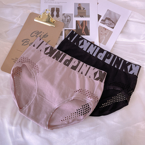 欧美网红运动字母宽边莫代尔破洞镂空中腰提臀性感健身三角内裤女
