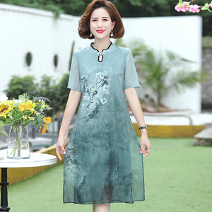 中年女夏装旗袍连衣裙中老年妈妈中长款裙子40岁50母亲雪纺长裙薄