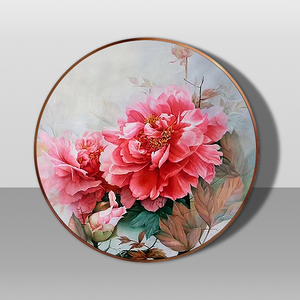 手绘中式工笔牡丹花卉油画装饰画客厅玄关餐厅圆形挂画简约艺术画