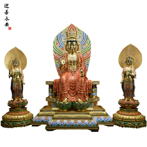 天冠弥勒菩萨佛像实木木雕彩绘未来佛家用供奉三尊客厅纯手工定制