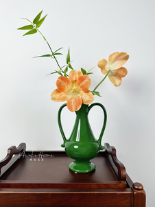 法式复古祖母绿双耳陶瓷花瓶vintage翡翠釉面新中古典醒屋插花器