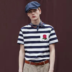 英伦三狮kc新款玫瑰刺绣条纹t 深蓝宽条纹款