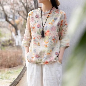 中式复古花色棉麻七分袖衬衫女夏季斜襟立领禅意气质显瘦亚麻上衣