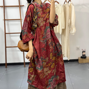 新中式复古花色棉麻连衣裙女夏季宽松大码遮肉显瘦中长款亚麻袍子