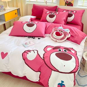 迪士尼全棉卡通四件套纯棉床上用品床笠儿童宿舍三件套米奇草莓熊