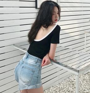 大码定制新款韩版修身显瘦露背心机婊上衣百搭港味撞色短袖T恤女
