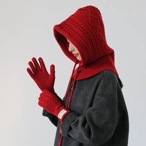 毛线针织巴拉克拉法帽连围脖一体帽子手套秋冬天护颈保暖时髦红色