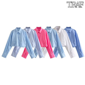 TRAF 欧美风外贸女装新款时尚休闲翻领单排扣长袖短版衬衫