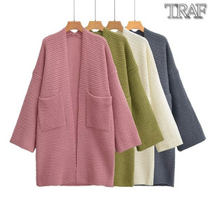 TRAF 欧美风新款外贸女装纯色长袖双口袋宽松针织开衫毛衣