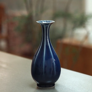 龙圣华苑景德镇谷雨山房复古霁蓝八棱玉壶春瓶手工原矿釉陶瓷茶瓶