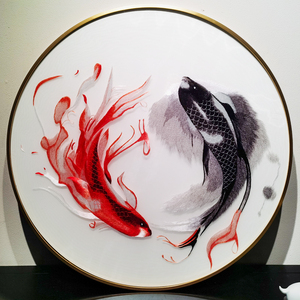 新中式风格阴阳太极鱼铝合金边框手工刺绣80厘米圆形玄关走廊挂画