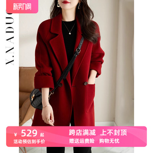 2023秋冬新款双面绒大衣女西装领红色高端呢子外套中长设计感羊毛