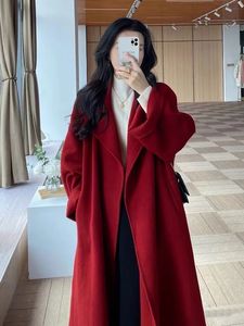 红色双面羊绒呢子大衣女2023冬季新款中长款韩版显瘦高级毛呢外套