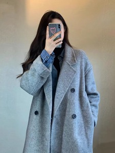 长款灰色双面羊绒大衣女秋冬季2023新款毛呢外套加厚小个子高级感