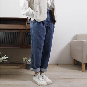 十月雪 森系牛仔裤女直筒宽松女裤冬季修身显瘦加厚日系文艺长裤