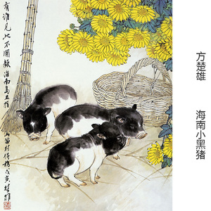 海南小黑猪 方楚雄中式水墨工笔动物国画 客厅玄关书房布装饰画芯