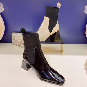73hours小时女鞋2021秋冬款方头粗跟拼接时装牛皮短靴女高跟袜靴