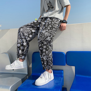 港风复古1807腰果花裤子男国潮高街嘻哈宽松百搭直筒跳街舞九分裤