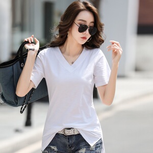 竹节棉短袖t恤女夏中长款下衣失踪纯棉上衣纯白色体恤汗衫开叉v领