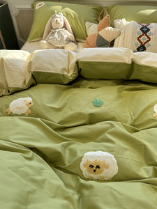 ins绿色小绵羊刺绣四件套全棉纯棉宿舍1.5米被套床单三件套少女心